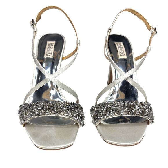 Badgley Mischka Rider White Satin Stiletto Heeled Sandal Beaded, Rhinestone 11 - Picture 2 of 10